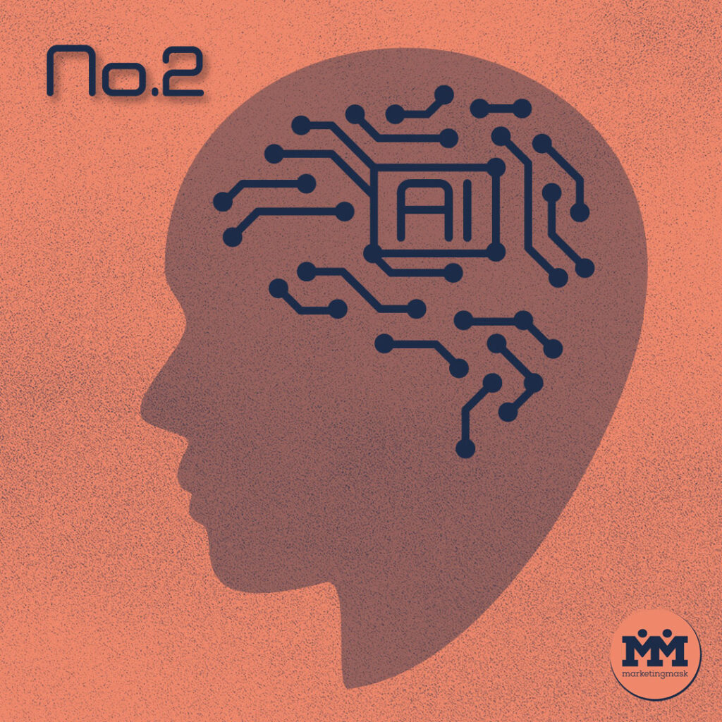 Egy fej rajz látszó, digitális agytekervényekkel, a közepén a mesterséges intelligenciára utaló AI felirattal.