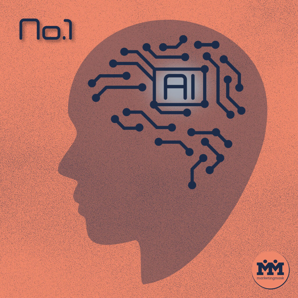 NO1 felirat balra fent, egy emberi fej digitális agytekervényekkel és AI, mesterséges intelligenciára utaló felirattal a fej közepen.